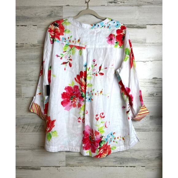 John Mark Womens plus 0X white linen floral tunic top blouse new roll cuff shirt - Picture 2 of 7